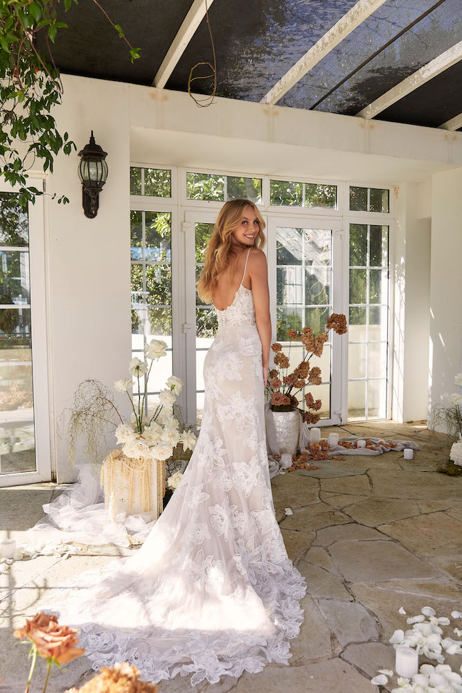 DARIA ML22222 FULL LENGTH FITTED FLORAL LACE GOWN ILLUSION BODICE WITH LOW BACK THIN STRAPS PLUNGING NECKLINE BUTTON AND ZIPPER CLOSURE WEDDING DRESS MADI LANE BRIDAL 2